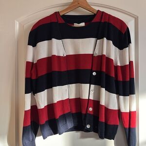 Vintage Christopher & Banks USA Red White Blue Striped Cardigan Sweater Set L